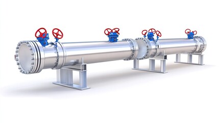 Modern 3D rendering of silver gas pipes with red levers designed for industrial applications in oil and gas and water delivery systems