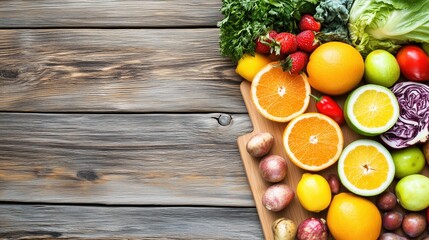 Fresh Fruits and Vegetables on Wooden Board