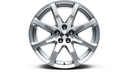 A pristine close-up of a contemporary car wheel isolated against a white backdrop, showcasing its intricate design and polished finish in stunning high definition. 