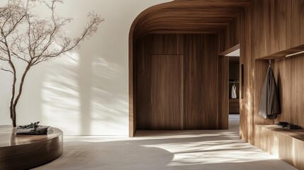 Chic entrance with a wooden dressing closet and doorway, set against a bright white wall, perfect for showcasing advertisements.