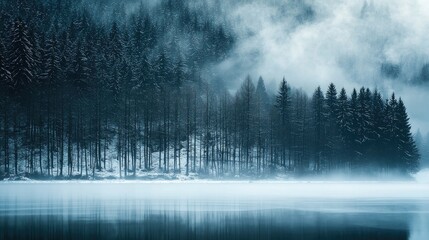 Fototapeta premium Through Leafless Trees Across Fog Covered Lake To Forest And Mountaiins Under Snow Beyond
