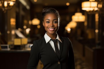 Fototapeta premium Portrait of a smiling black female hotel clerk
