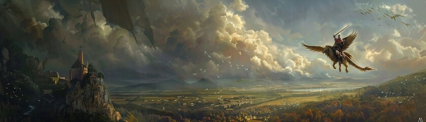 Obraz premium A fantasy scene of a knight riding a griffin