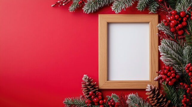 Empty wooden picture frame mockup on a festive Christmas background ideal for winter holiday celebrations with space for text