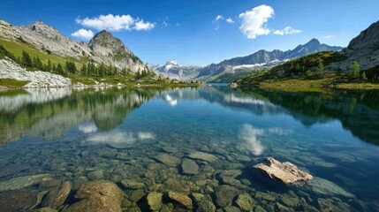 Fototapeta premium Tranquil lake reflecting a mountainous landscape with crystal clear waters