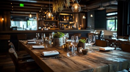Luxurious dining setup with a wooden table, natural centerpieces, and modern lighting, balancing rustic and contemporary styles.