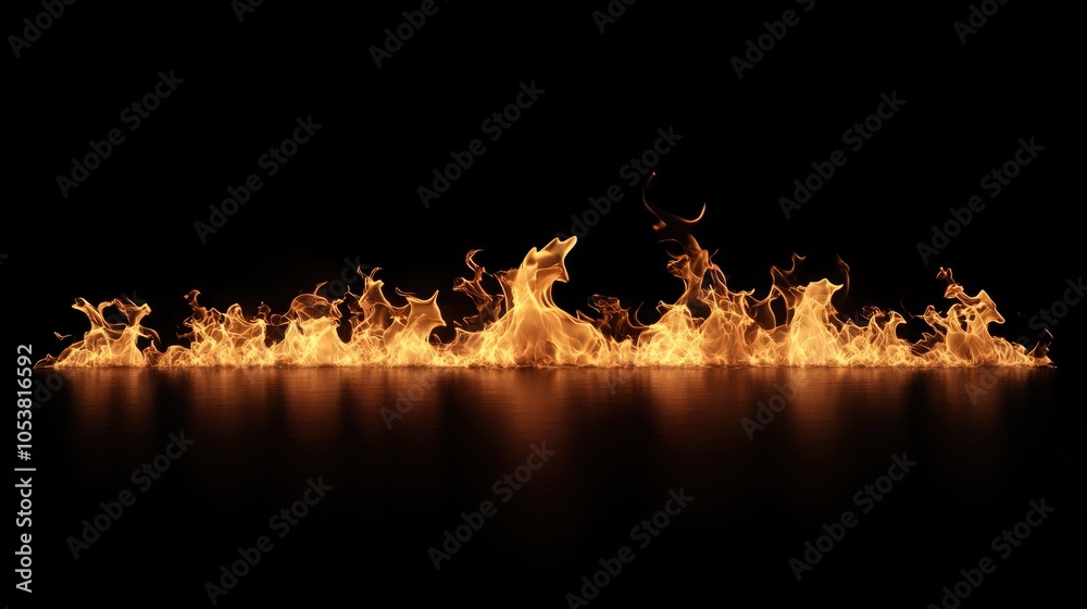 Poster Isolated flames in a realistic line of fire against a black background creating a dramatic mockup effect