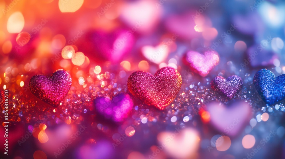 Poster A colorful array of shimmering hearts, creating a romantic and festive atmosphere.