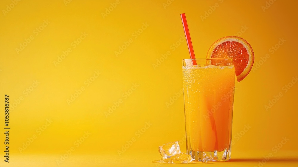 Poster summer fresh with a straw on a bright orange background alcoholic drink bar space copy fresh juice w