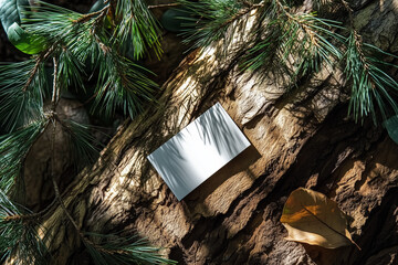 Blank business card on rustic tree bark surrounded by pine needles in natural sunlight