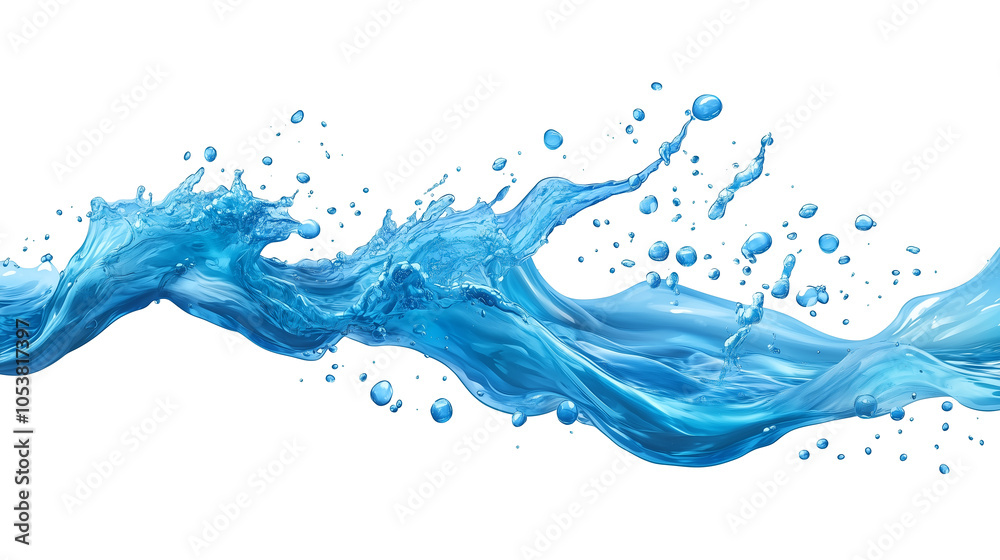 Poster dynamic blue water splash with floating air bubbles creates refreshing and energetic visual. fluid m