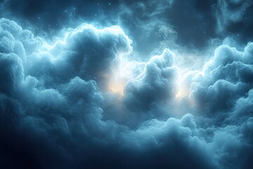 Dramatic stormy clouds illuminated by a bright light from behind.
