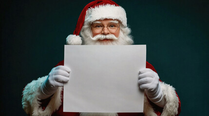 Naklejka premium A man in a red suit holding a blank piece of paper. He is smiling and he is a Santa Claus