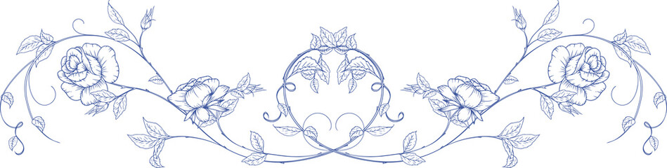 Rose garden illustration in Fine line art  chinoiserie style