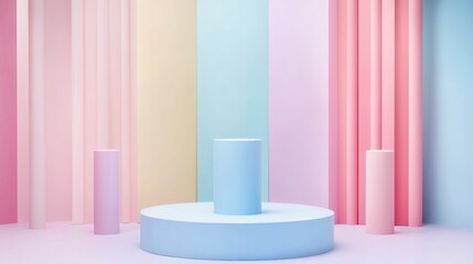 Colorful pastel rainbow stage design featuring a realistic cylindrical pedestal Ideal for minimal product display and showcase mockups