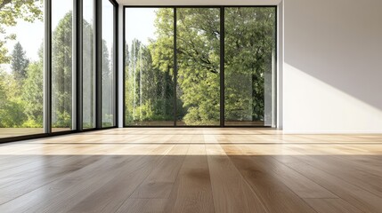 Spacious living room featuring large windows and a wooden plank floor with a white wall offering a mockup area for customizable text or designs