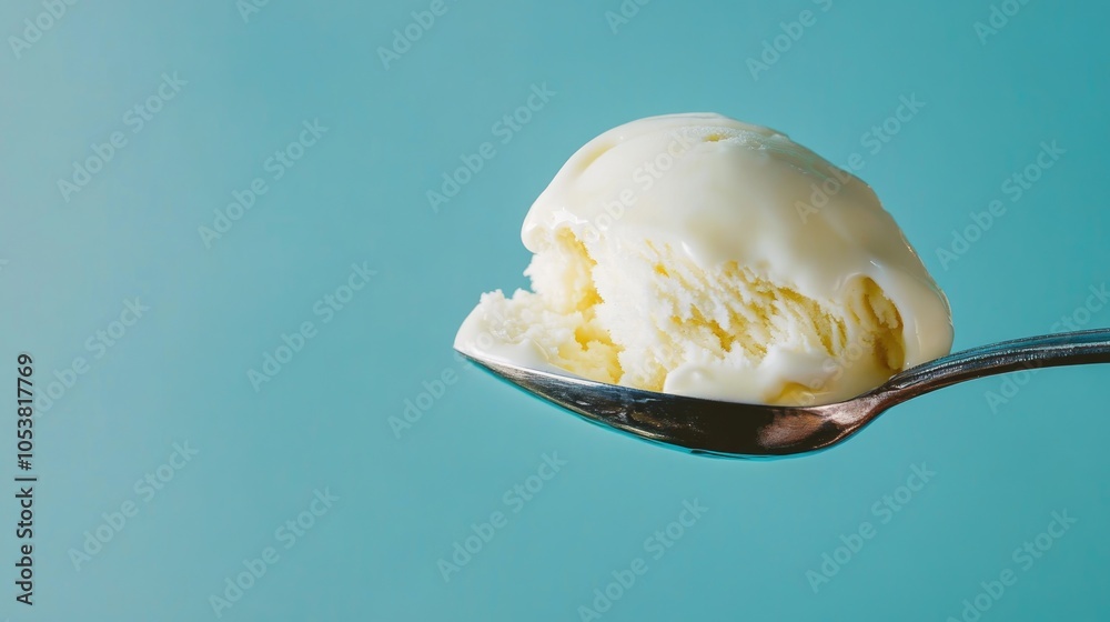 Aufkleber close up of a scoop of vanilla ice cream on a spoon captured in a wide panoramic format