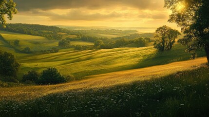 Obraz premium Stunning panorama of a lush green field bathed in the warm glow of the evening sun
