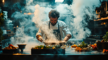 Obraz premium A chef is cooking in the kitchen, surrounded by smoke and various ingredients on the table.