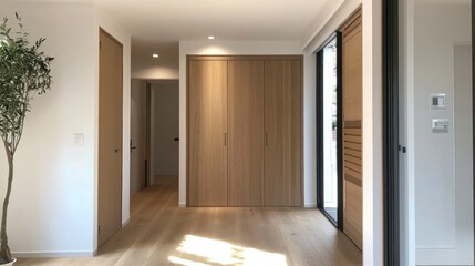 Obraz premium Modern entryway with a wooden closet and white walls, leaving a spacious area for ads or informative messages