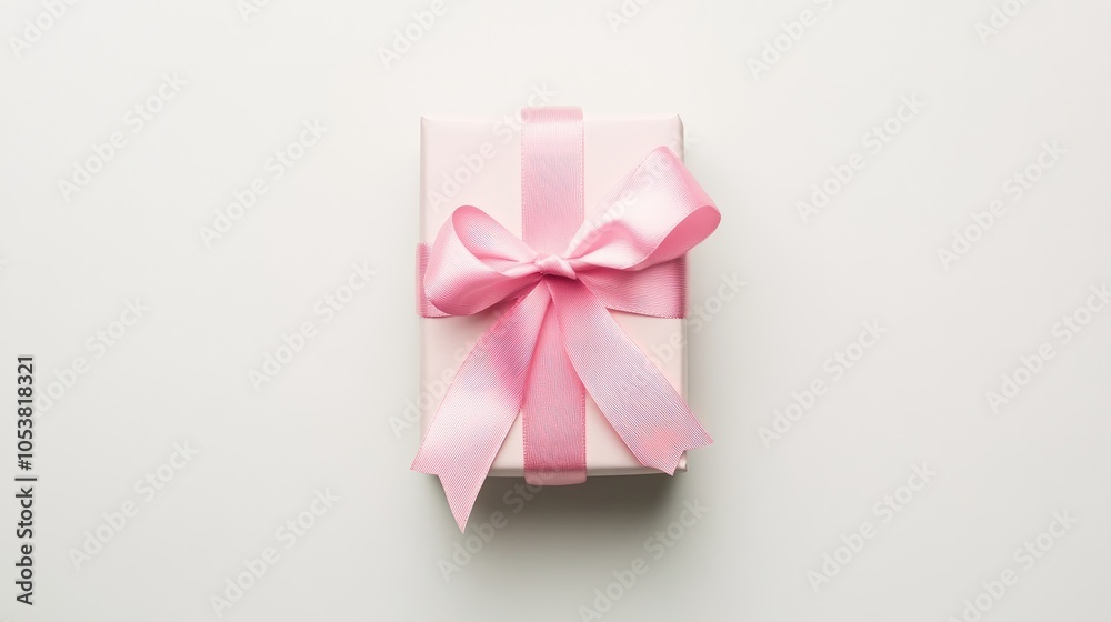 Poster Flatlay view of a single gift box adorned with a pink ribbon set against a white background highlighting the concept of gifting
