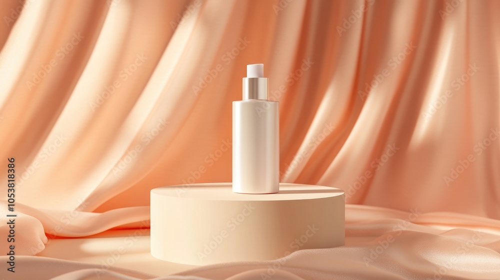 Poster Elegant beauty product display on a silk draped podium against a trendy peach fuzz background Premium brand showcase mockup in a soft apricot aesthetic studio scene