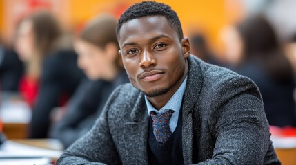 Fototapeta premium A young man with a serious expression looks directly at the camera.