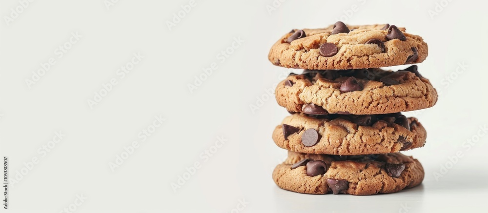 Poster Stack Of Cookies With Dark Chocolate Chips On White Table Free Space For Input Text