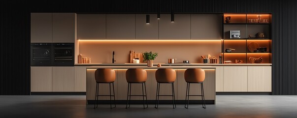 A modern kitchen featuring sleek cabinetry, warm lighting, and stylish bar stools, creating a contemporary and inviting atmosphere.