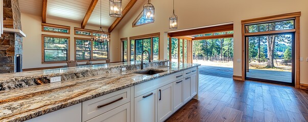 A bright, spacious kitchen with granite countertops and large windows opening to a scenic outdoor space, featuring wooden floors and modern light fixtures.
