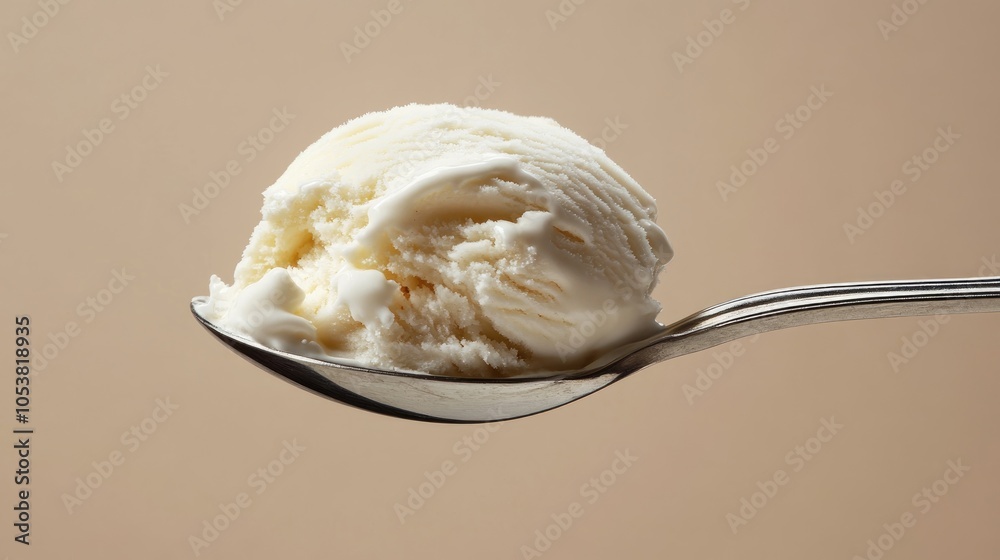 Poster close up of a scoop of vanilla ice cream on a spoon captured in a wide panoramic format