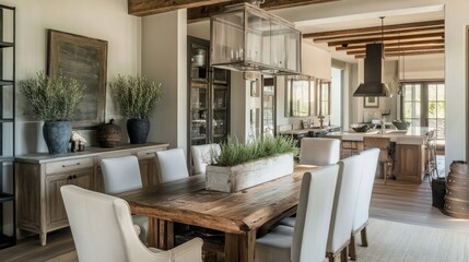 Obraz premium Modern rustic dining room with wood furniture and nature-inspired accents, delivering comfort and sophistication.