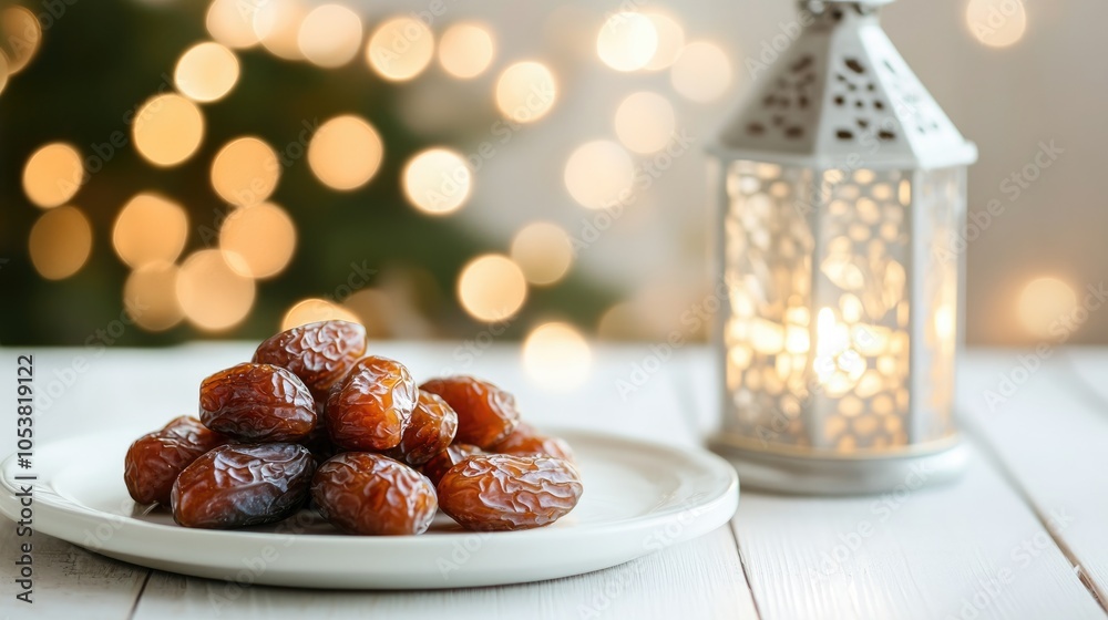 Poster Dried dates on a white plate accompanied by a lantern with a lit candle on a white wooden table featuring a bokeh light backdrop