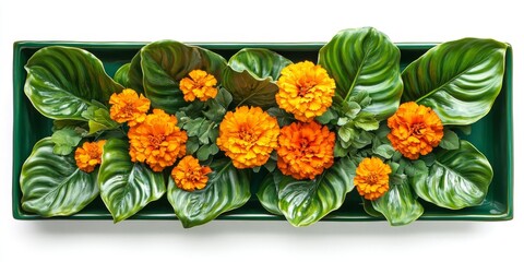 High-gloss ceramic rectangular planter with oversized hosta leaves and blooming marigolds, parallel top view