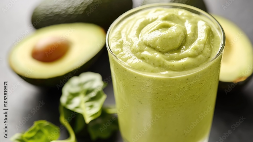 Poster isolated image featuring a creamy avocado smoothie in a glass ideal for collages backgrounds banners