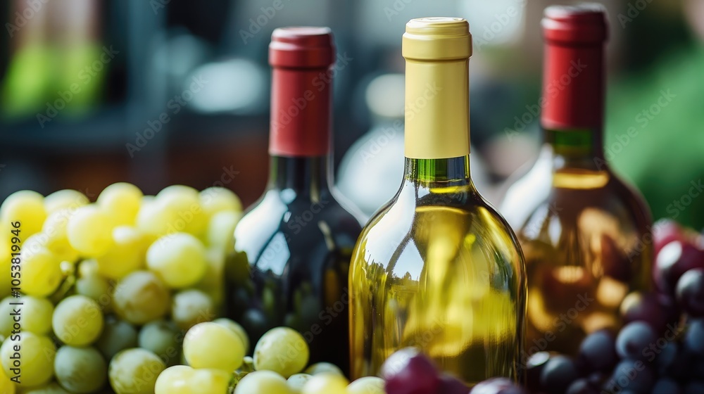 Poster red and white wine bottles alongside a cluster of grapes