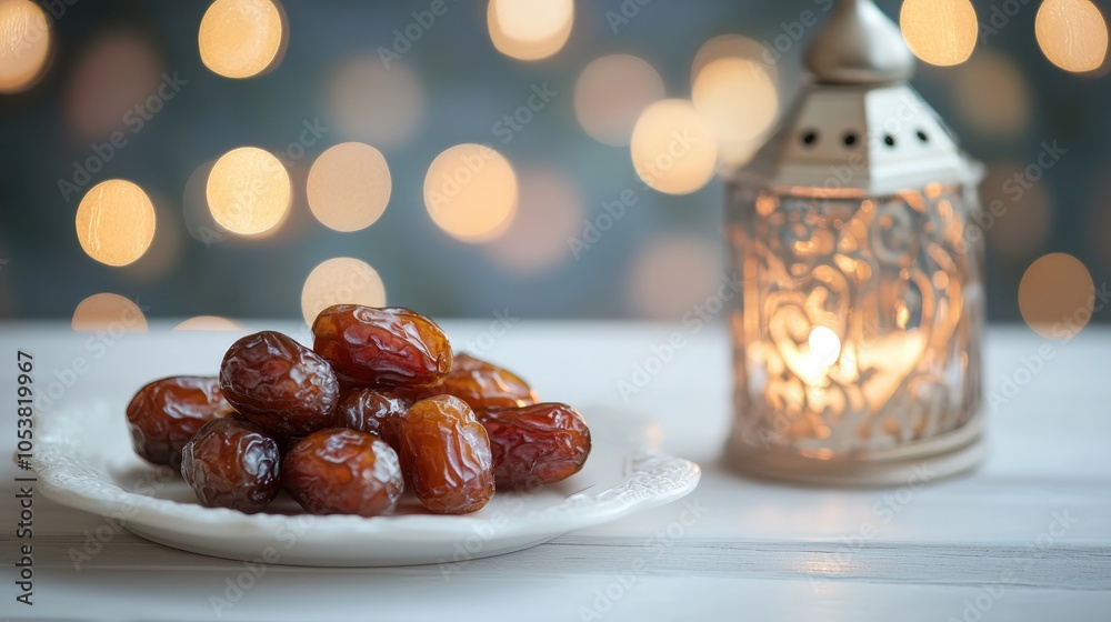 Aufkleber dried dates on a white plate accompanied by a lantern with a lit candle on a white wooden table feat
