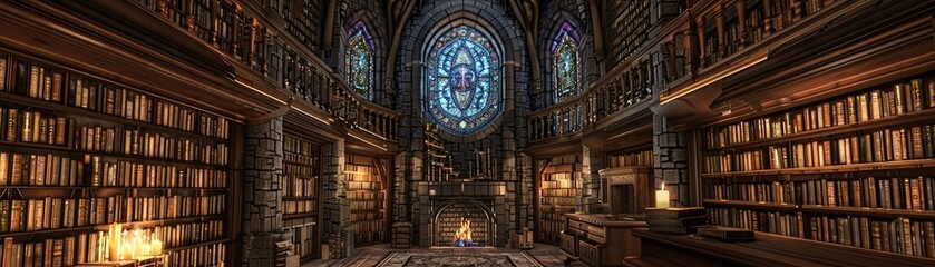 Obraz premium A grand library in a gothic castle with towering bookshelves