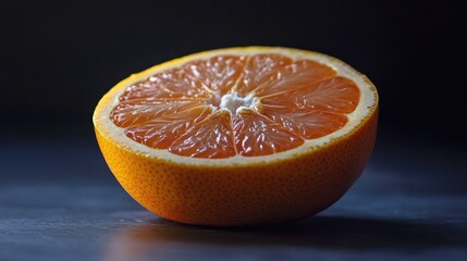 Close up of a halved grapefruit on a dark background showcasing the vibrant colors of this citrus fruit