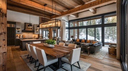 Rustic dining space with wooden elements and sleek design details, blending contemporary style with natural beauty.