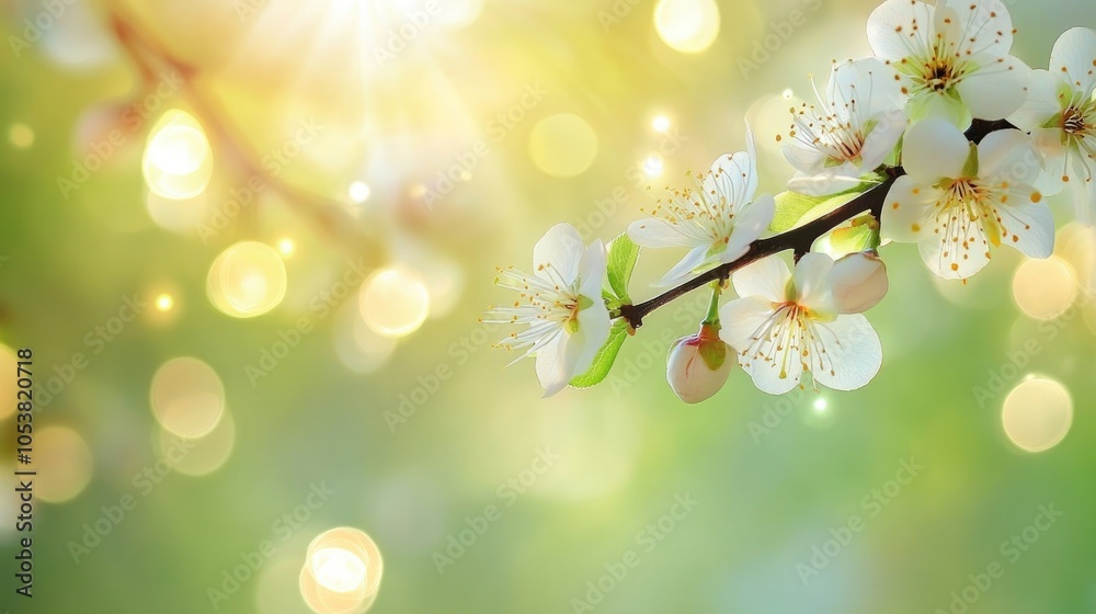 Aufkleber delicate blooming plum branch in spring against a vibrant green backdrop illuminated by sunlight sho