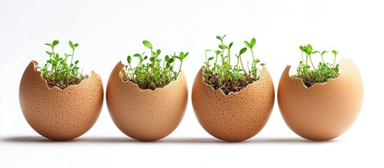 Seedlings At Egg Shell Isolated Domestic Creative Grass Growth Concept Eco Sprouts Cultivation Conceptual