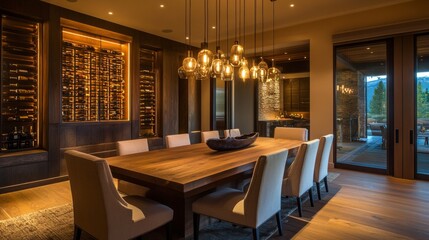 Rustic meets modern in a luxurious dining room with warm wood tones, minimalist decor, and designer lighting.