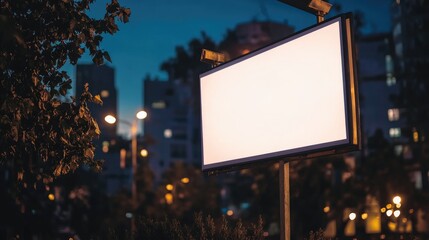 Blank white billboard on a street at night serving as an informational banner for advertising purposes with ample space for text