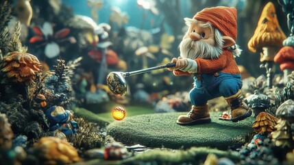 A gnome in a red hat and blue pants swings a golf club in a miniature forest setting.