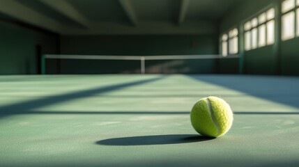 Tennis ball on an empty training court for sports practice