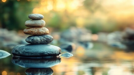 Meditation promotes relaxation and alleviates stress featuring a tranquil scene with ample space for text