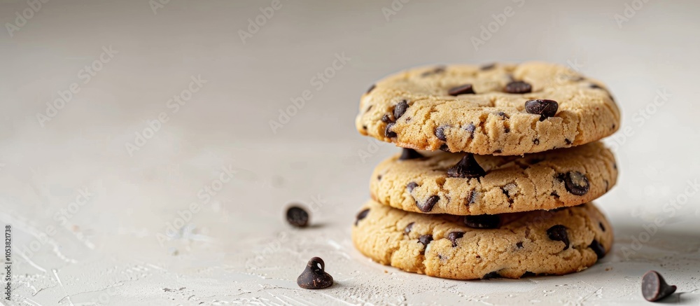 Poster Stack Of Cookies With Dark Chocolate Chips On White Table Free Space For Input Text