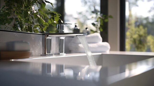 Sleek touchless faucet featuring a contemporary low flow design