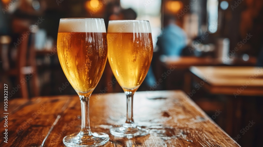 Poster close up of two nonic pint glasses and tulip glasses filled with light draft beer on a wooden table 